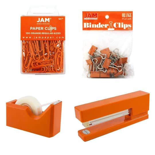 JAM Paper Orange Stapler, Tape Dispenser, Paper Clips &#x26; Binder Clips